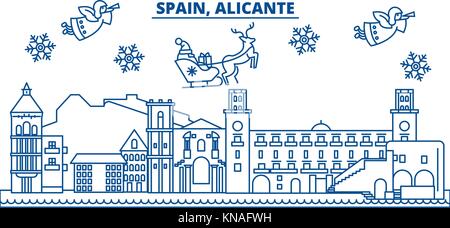 Spagna alicante inverno skyline della città. Buon Natale e felice anno nuovo banner decorati con babbo natale.inverno il messaggio di saluto della scheda di linea.piana, vettore di contorno.linear neve natalizia illustrazione Illustrazione Vettoriale