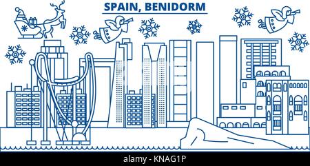 Spagna, Benidorm inverno skyline della città. Buon Natale e felice anno nuovo banner decorati con babbo natale.inverno il messaggio di saluto della scheda di linea.piana, vettore di contorno.linear neve natalizia illustrazione Illustrazione Vettoriale