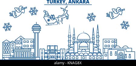 La Turchia, ankara inverno skyline della città. Buon Natale e felice anno nuovo banner decorati con babbo natale.inverno il messaggio di saluto della scheda di linea.piana, vettore di contorno.linear neve natalizia illustrazione Illustrazione Vettoriale