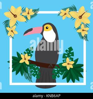 Toucan seduto sul ramo di albero fiore uccello tropicale Illustrazione Vettoriale