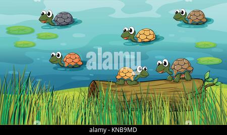 Illustrazione di un gruppo di tartarughe marine nel fiume Illustrazione Vettoriale