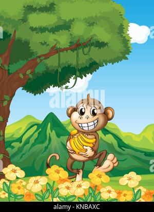 Illustrazione di una scimmia tenendo una banana nella foresta Illustrazione Vettoriale