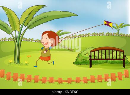 Illustrazione di un ragazzo giocando kite in una natura bellissima Illustrazione Vettoriale