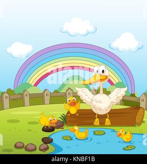 Illustrazione di anatre e di un arcobaleno nella natura Illustrazione Vettoriale