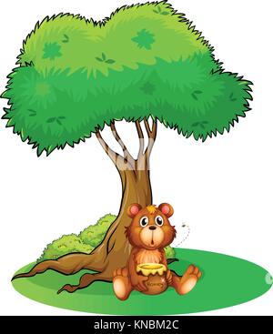 Illustrazione di un orso seduto sotto un grande albero su sfondo bianco Illustrazione Vettoriale