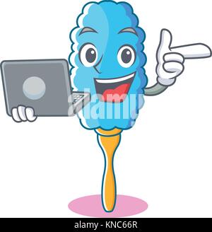 Con il computer portatile feather duster personaggio cartoon Illustrazione Vettoriale