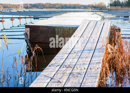 Frost passerella coperta al molo galleggiante con il paesaggio costiero in background. Reed a fianco della passerella. Acqua di mare è immobile nel freddo, windless mor Foto Stock