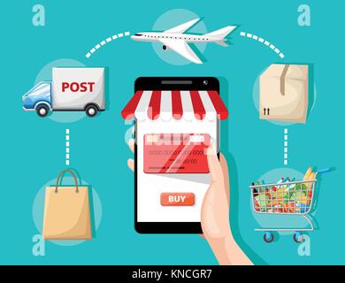 Vettore di piatto design con l'e-commerce e shopping online icone ed elementi per mobili simboli storia di shop online di pagamento del servizio del cliente e consegnare Illustrazione Vettoriale