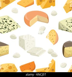 Modello senza giunture pezzi di formaggio popolare tipo di formaggio isolato le icone di stile di piana prodotti lattiero-caseari freschi illustrazione vettoriale su sfondo bianco sit web Illustrazione Vettoriale