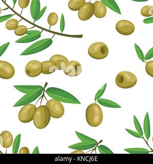 Modello senza giunture Green Olive Branch con foglie sane e verdure fresche vegetariano cibo organico illustrazione vettoriale su sfondo bianco del sito web Illustrazione Vettoriale