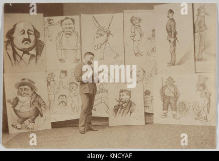 Ritratto integrale di Thomas Nast con un gruppo di caricature. Thomas Nast è stato un caricaturista e cartoonista americano di origine tedesca spesso considerato il 'Padre del cartoon americano' Foto Stock