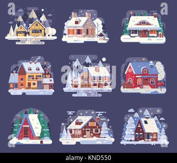 Inverno Country House e set di cabina Illustrazione Vettoriale