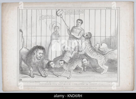 Nutrire gli animali, Un cambiamento di dieta! Artista: John Doyle, irlandese, Dublino 1797?1868 Londra, Editore: Thomas McLean, britannico, Active London 1788-1885, litografo: Alfred Ducôte, britannico, attivo 1830-40, soggetto: Charles Edward Poulett Thomson, Baron Sydenham, britannico, 1799?1841, soggetto: Queen Victoria, British, London 1819-1901 Isle of Wight, Subject: Henry Richard Fox Vassall, 3rd Baron Holland, British, 1773-1840, Subject: Lord John Russell, British, 1792-1878, Subject: Henry John Temple, 3rd Visconte Palmerston, British, 1784-1865, Subject: Daniel o'Connell, Irlandese Foto Stock