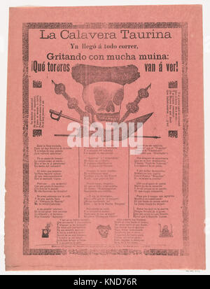 Broadsheet relative alla corrida calavera chi è arrivato a piena velocità, urlando con molta energia incontrato DP869173 739074 Artista: Jos? Guadalupe Posada, messicano, 1851?1913, Publisher: Antonio Vanegas Arroyo, 1850?1917, messicano, Broadsheet relative alla corrida calavera chi è arrivato a piena velocità, urlando con molta energia, 1908, Photorelief e stampa tipografica su carta rosa, foglio: 15 3/4 in. ? 12 a. (40 ? 30,5 cm). Il Metropolitan Museum of Art di New York. La Elisha Whittelsey Collection, l'Eliseo Fondo Whittelsey, 1946 (46.46.371) Foto Stock