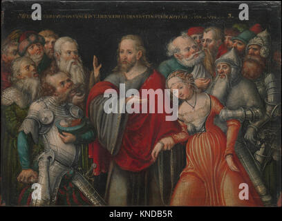 Questo dipinto ad olio di Lucas Cranach il giovane raffigura Cristo e l'Adulteressa, illustrando l'arte religiosa rinascimentale tedesca con una composizione dettagliata e colori vivaci. Foto Stock