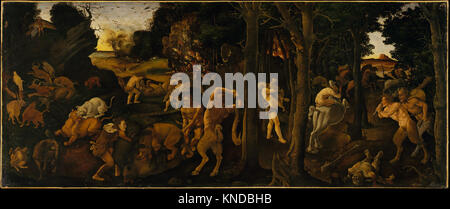 "Scena di caccia" di Piero di Cosimo (1462-1522), dipinta intorno al 1494-1500, raffigura una scena di caccia che mostra composizione rinascimentale e dettagli naturalistici. Foto Stock