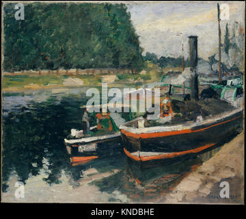 "Barges at Pontoise" è un dipinto ad olio del 1876 di Camille Pissarro che raffigura chiatte su un fiume, dimostrando la sua tecnica paesaggistica impressionista e la maestria della luce. Foto Stock