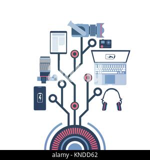 Batteria per portatile con Laptop, tavoletta digitale, telefoni intelligenti e fotocamera, gadget la carica di alimentazione dal concetto di banca Illustrazione Vettoriale