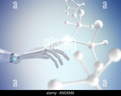 Robot bianco canto toccando molecola di formula Foto Stock