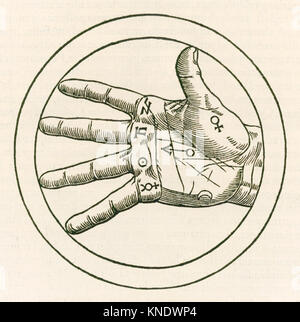 "La mano di chiromanzia' incisione da Heinrich Cornelius Agrippa von Nettesheim (1486-1535) "De occulta philosophia libri tres" (tre libri di filosofia occulta) pubblicato nel 1533. Vedere ulteriori informazioni qui di seguito. Foto Stock