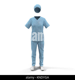 Vista frontale femmina blu uniforme medico macchiato di sangue isolato su bianco. N. persone. 3D illustrazione Foto Stock