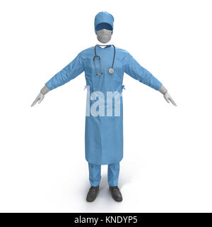 Vista anteriore blu uniforme medico macchiato di sangue isolato su bianco. N. persone. 3D illustrazione Foto Stock