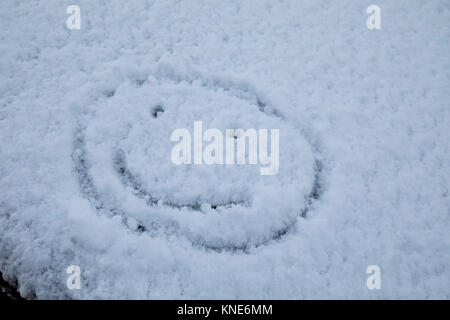 Smiley face pesanti durante la caduta di neve a Birmingham, Regno Unito. Neve profonda è arrivato in gran parte del Regno Unito, la chiusura di strade e rendendo la guida infido, mentre molte persone semplicemente goduto il meteo. (Foto di Mike Kemp/In immagini via Getty Images) Foto Stock