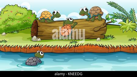 Illustrazione di tartarughe su di un legno secco in una natura bellissima Illustrazione Vettoriale
