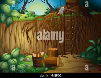 Illustrazione di blocchi di legno e un'ascia in una splendida foresta Illustrazione Vettoriale