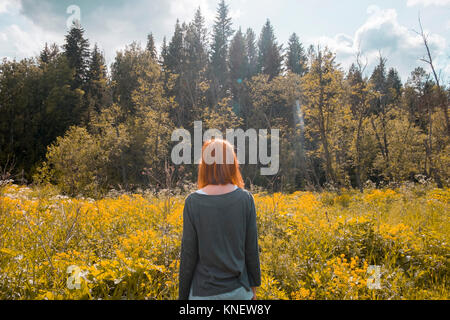 Donna in piedi nel campo, guardando a vista, vista posteriore, Ural, Chelyabinsk, Russia, Europa Foto Stock