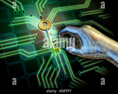 La mano di raggiungere per un tasto situato al centro di una scheda a circuito stampato. Illustrazione Digitale. Foto Stock