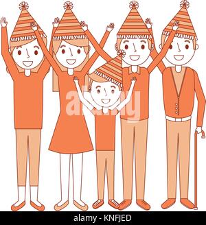 Famiglia di partito che indossa il cappello con le braccia in alto celebrazione di compleanno Illustrazione Vettoriale