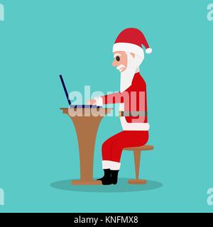 Cartoon Santa Claus si siede su una sedia per un computer portatile Illustrazione Vettoriale