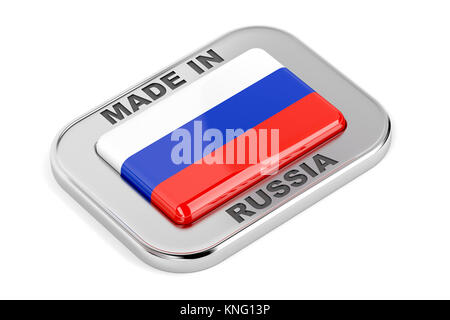 Realizzata in Russia il badge con bandiera russa all'interno Foto Stock