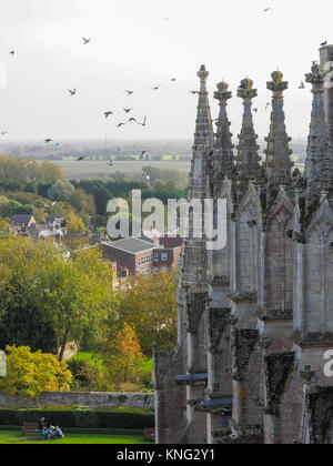 IMMAGINE ESTERNA RIPRESA DAL TETTO DEL TRANSETTO NORD MENTRE SI È SULLA PASSERELLA PER L'INGRESSO DELLA LANTERNA, LA CATTEDRALE ELY, ELY, CAMBRIDGESHIRE Foto Stock