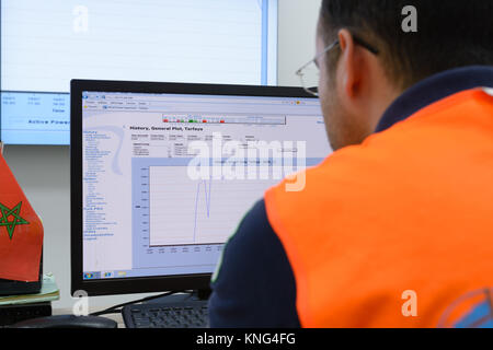 Analizzare attentamente i dati di monitoraggio nella sala di controllo di Noor. Foto Stock