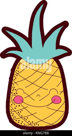 Colore linea carino ananas kawaii felice frutto Illustrazione Vettoriale