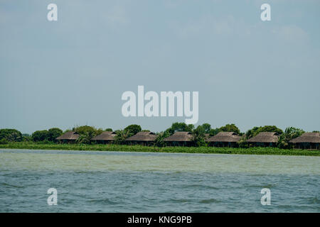 Case dal tetto di paglia lungo il fiume Mekong Foto Stock