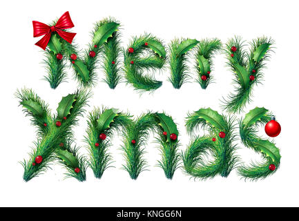 Merry Xmas e testo di Natale come un inverno vacanze stagionali simbolo con scritte fatte di ornamenti e stagione decoratrions isolato. Foto Stock