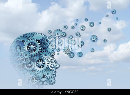 Learning cloud e istruzione formazione aziendale concetto come una testa nel cielo fatto di macchina di denti con 3D'illustrazione degli elementi. Foto Stock