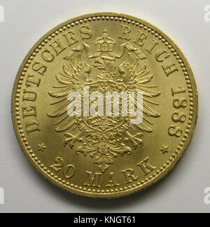Questa moneta da 20 marchi coniata sotto Federico i nel 1888 riflette il disegno numismatico imperiale tedesco, l'economia e la storia politica. Foto Stock