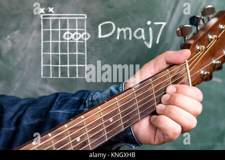 Uomo in un blu denim shirt giocando corde della chitarra visualizzati su una lavagna, CORDA D Major 7 Foto Stock