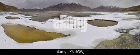 Alte montagne del Tso Kara lago, alla ribalta piccole pozzanghere arrotondati in crosta di sale e sullo sfondo le colline, India settentrionale. Foto Stock