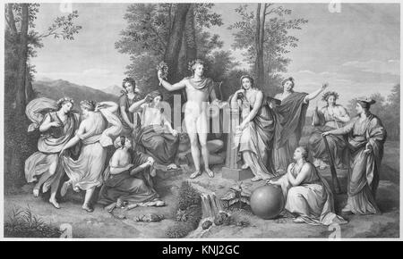 Apollo and the Muses on Parnassus, artista: Raphael Morghen (Napoli 1758–1833 Firenze), artista: After Anton Raphael Mengs (tedesco, Ústi nad Labem (Aussig) 1728–1779 Roma), 1784, Medium: Engraving Foto Stock