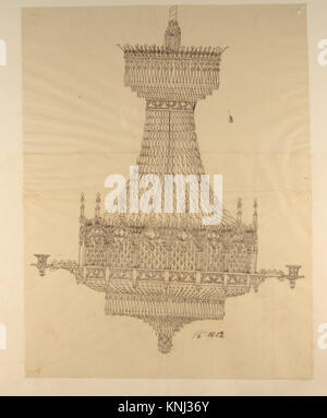 Un design per un lampadario di cristallo che mostra la disposizione dettagliata di bracci, lampade a sospensione e impianti di illuminazione. Il disegno enfatizza la simmetria, i motivi decorativi e la pianificazione strutturale tipica del raffinato design di illuminazione del XVIII o XIX secolo. Foto Stock