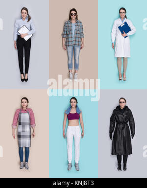 Realistiche umano femmina bambole set con abiti diversi e di posti di lavoro: imprenditrice, casual donna, medico donna, casalinga, sportive e spy agent, fl Foto Stock