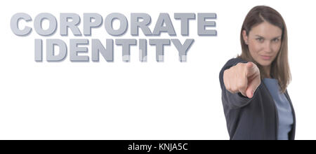 Business donna puntando il testo corporate identity Concetto aziendale. Foto Stock