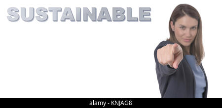 Business donna puntando il testo concetto sostenibile Concetto aziendale. Foto Stock