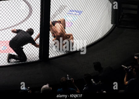 Bangkok, Tailandia. - 9 Dicembre 2017 : fotografi e giornalisti sono riprese e di lavorare in prossimità della lotta contro l'anello a gabbia in sport estremi di mixed martial arts (MMA) corrispondono ad un Campionato torneo di concorrenza Foto Stock