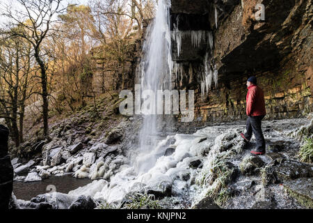 Forza Ashgill, Garrigill, Cumbria Regno Unito. Martedì 12 dicembre 2017. Regno Unito Meteo. Con le temperature durante la notte e scende a -13 gradi C in alcune aree del Regno Unito, spettacolare ghiaccioli formata sul ghiaccio rocce rivestite di forza Ashgill vicino Garigill in Cumbria. Credito: David Forster/Alamy Live News Foto Stock